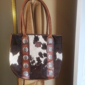 Brown and White Leather Tote Bag